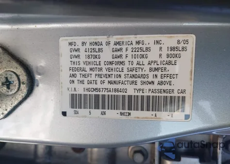 2005 Honda Accord 2.4 Ex from USA, damaged, VIN 1HGCM56775A186402